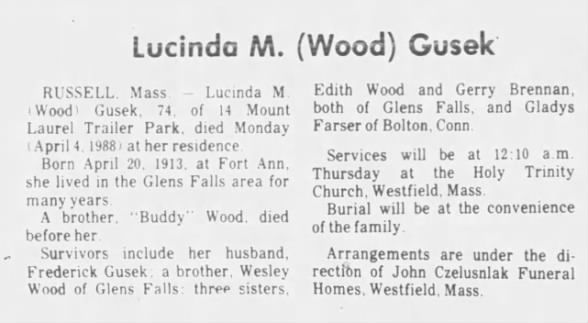 Obituary for Lucinda M i Wood 1 RUSSELL, 1913-1988 (Aged 74)